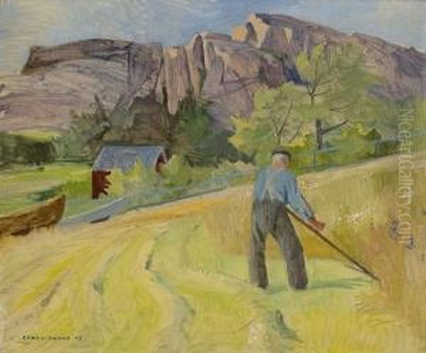 Man Mowing Grass Oil Painting by Carl Von Hanno