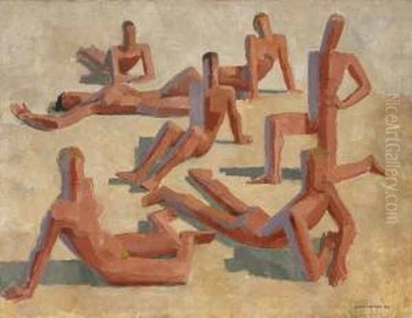 Sunbathing Women And Men Oil Painting by Carl Von Hanno