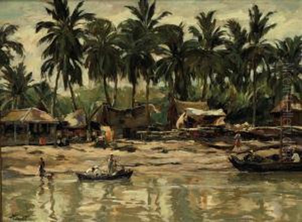 Kampong By The Indonesian River Oil Painting by Hans von Hayek