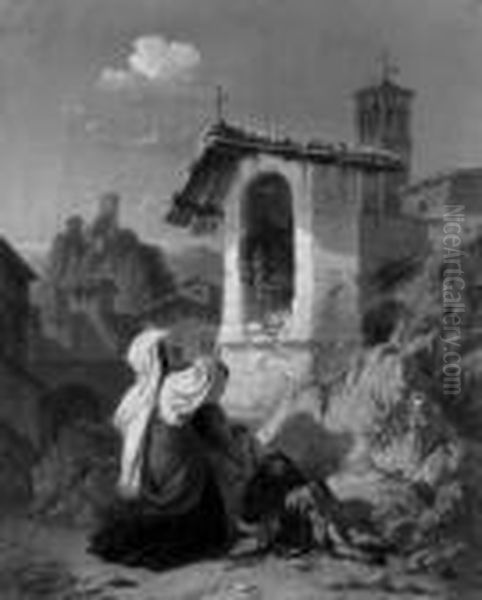 Vor Dem Bildstock. Junge Frau Und Ihr Kind Betend. Im Hintergrund Italienische Landschaft. Signiert Unten Links: Heckel. Verso Signiert Und Datiert: August Von Heckel/munchen 1861. Ol Auf Leinwand. H 46; B 37,5 Cm. Oil Painting by August Von Heckel