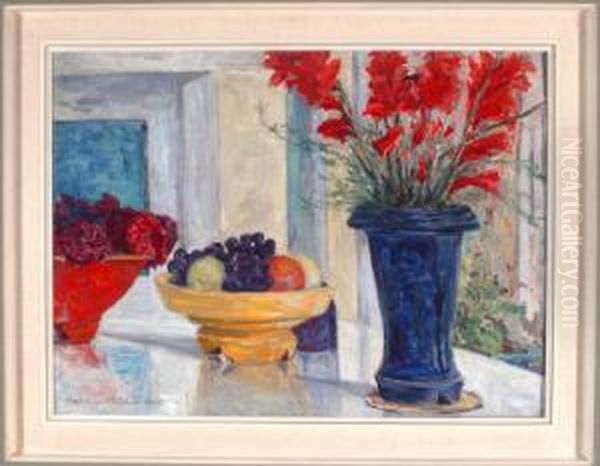 Stilleben Mit Roten Gladiolen Und Fruchten Vor Einem Hellen Saulengang Oil Painting by Hans Von Heider