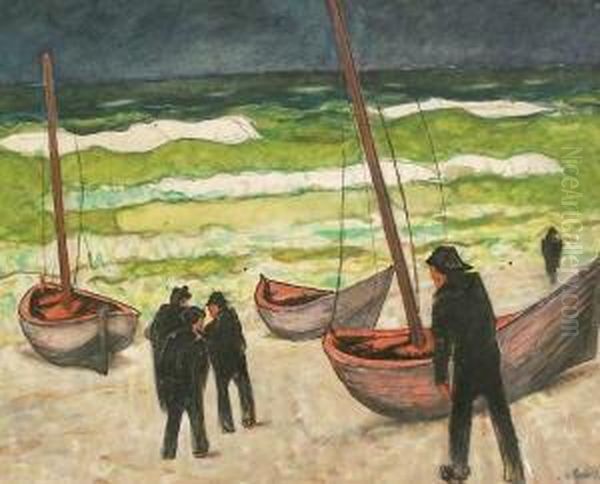 Fischer Bei Ihren Booten Am Strand, Misdroy Oil Painting by Egon Oskar Von Kameke