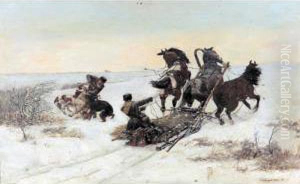 Sledge Attacked By Wolves Oil Painting by Bodhan Von Kleczynski