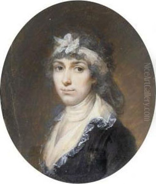 A Young Lady In A Black Dress With Frilled White Collar, A Whiteribbon In Her Powdered Hair (cracked) Oil Painting by Franz Gerhard Von Kugelgen