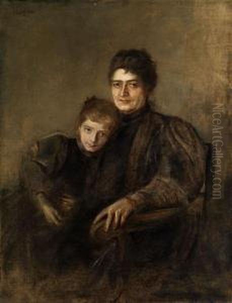 Portrait Einer Dame Mit Ihrer Tochter Oil Painting by Lenbach Franz Von