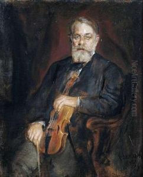 Portrait Of Asitting Violinist, Probably The Virtuoso Joseph Joachim(1831-1907). Oil Painting by Lenbach Franz Von