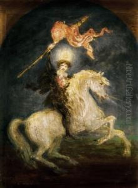Resurrection (petofi On Horse-back) - The Prefiguration Of The Painter's Great Oil Picture About Petofi, One Of The Greatest Hungarian Poets, About 1913 Oil Painting by Viktor Madarasz