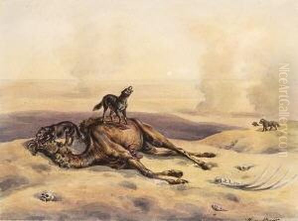 Hyanen Bei Einem Toten Kamel In Der Wuste. Oil Painting by Heinrich Von Mayr