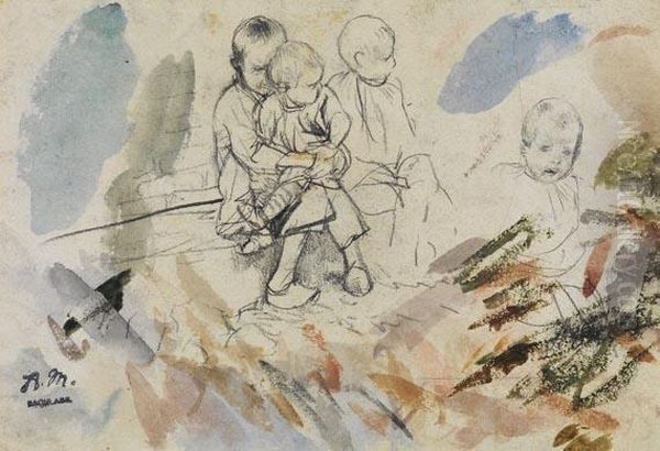 Drei Sitzende Kinder Und Ein Kinderkopfchen, Aquarellproben Oil Painting by Adolph von Menzel