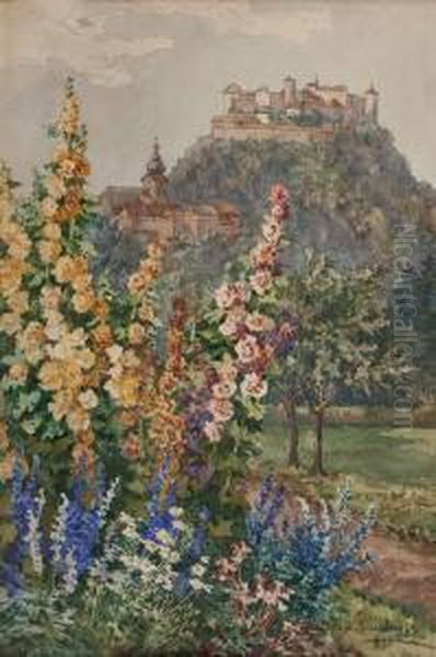Bluhender Garten, Im Hintergrund Das Nonnberg-kloster Und Die Festung Hohensalzburg Oil Painting by Helene Paula Von Pausinger