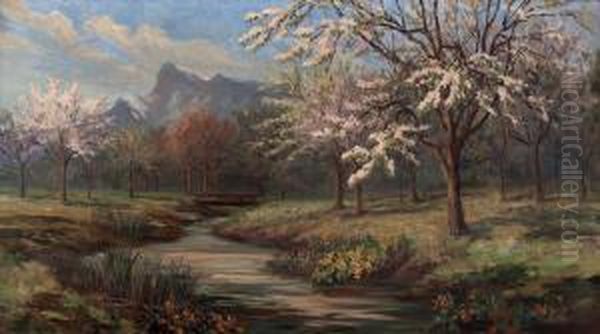 Salzburg - Fruhlingslandschaft Mit Bach Und Untersberg Oil Painting by Helene Paula Von Pausinger