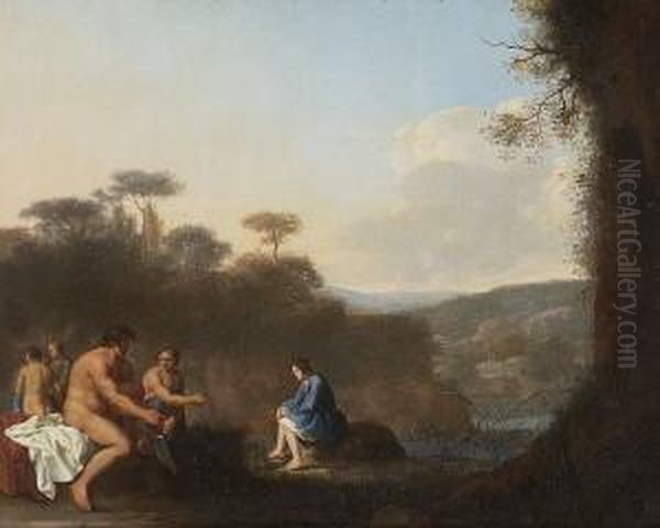 Badende In Sudlandischer Flusslandschaft. Oil Painting by Warnard Von Rysen