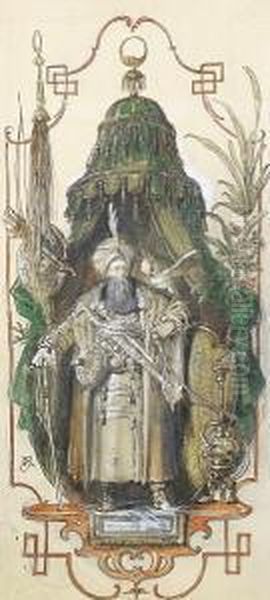 A Sketch Of A Sultan Standing In A Canopiedentrance With A Hookah Pipe And Parrot Oil Painting by Rudolf Von Seitz