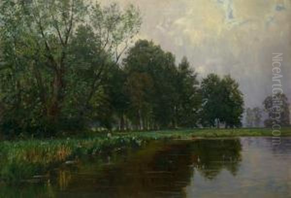 Bewaldetes Flusufer An Einem Bewolkten Sommertag Oil Painting by Stephanie Von Strechine