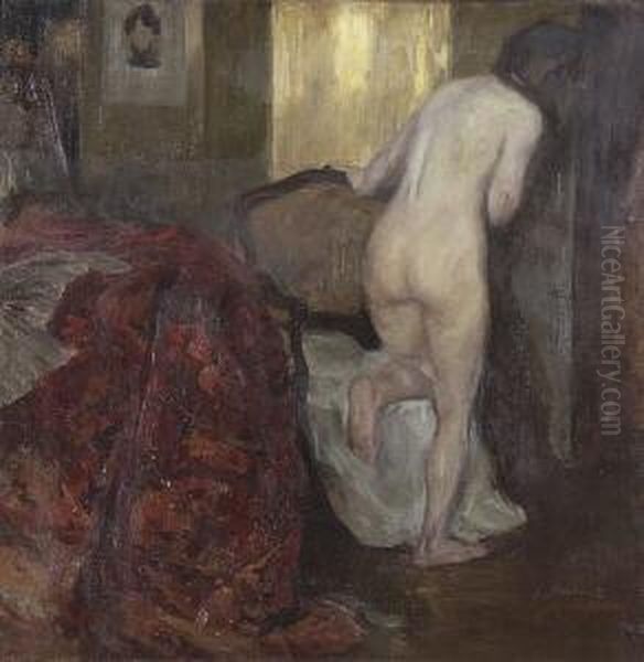 Weiblicher Ruckenakt Im Atelier Des Kunstlers. Oil Painting by Fritz, Frigyes Von Strobenz