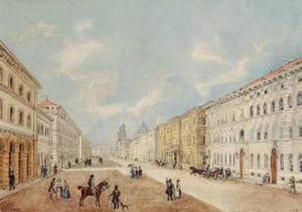Ansicht Der Ludwigsstrasein Munchen Mit Dem Herzoglichen Palais Oil Painting by Margareta Von Thurn Und Taxis