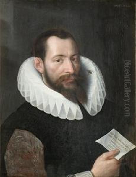 Portrait Of Gentleman, Half-length, In A Blacktunic And A White Lace Collar, Holding A Letter Oil Painting by Gotthardt von Wedig