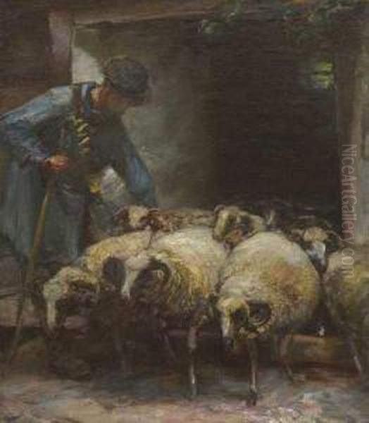 Schafer Mit Schippe Lasst Die Herde Aus DemStall Oil Painting by Heinrich Johann Von Zugel