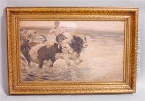 Young Boy With Cows Oil Painting by Heinrich Johann Von Zugel