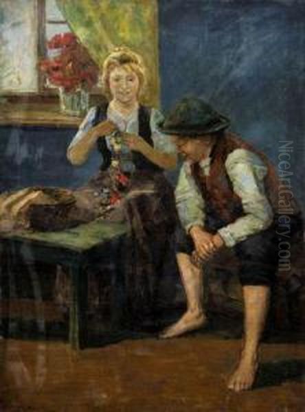 Matka So Synom Pri Okne Oil Painting by Erno Ernest Voros Von Bel