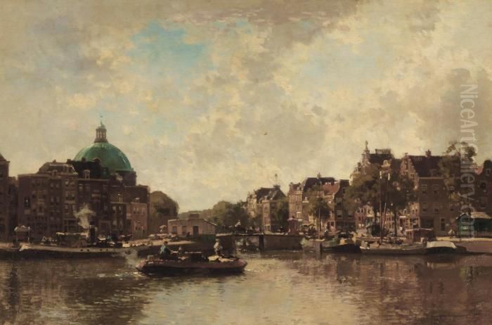 View Of The Singel With The Koepelkerk Beyond, Amsterdam Oil Painting by Cornelis Vreedenburgh