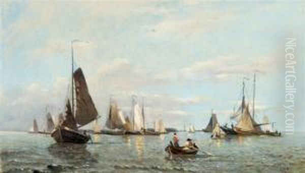 View Of Lake With Sailing Ships Oil Painting by Jacobus Adrianus Vrolijk