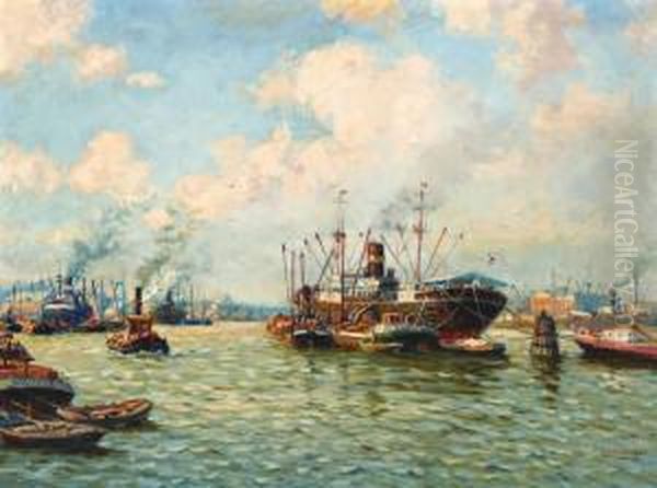 Bedrijvigheid In Rotterdamse Haven Oil Painting by Pieter Johannes Al. Wagemans
