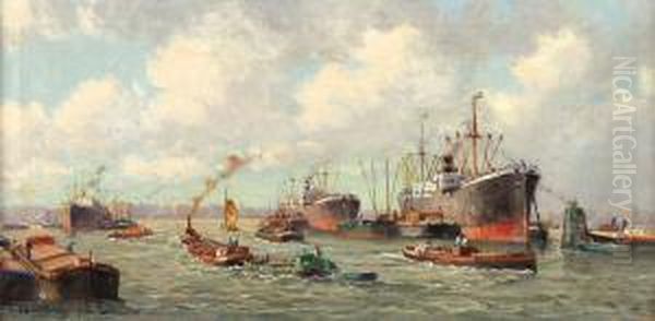 Vrachtschepen In De Haven Van Rotterdam Met Beurtschepen En Sleepboot Oil Painting by Pieter Johannes Al. Wagemans