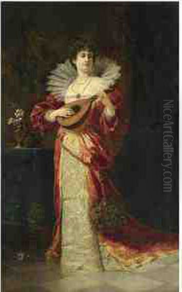 Dame Mit Laute (lady With Lute) Oil Painting by Ferdinand Ii Wagner