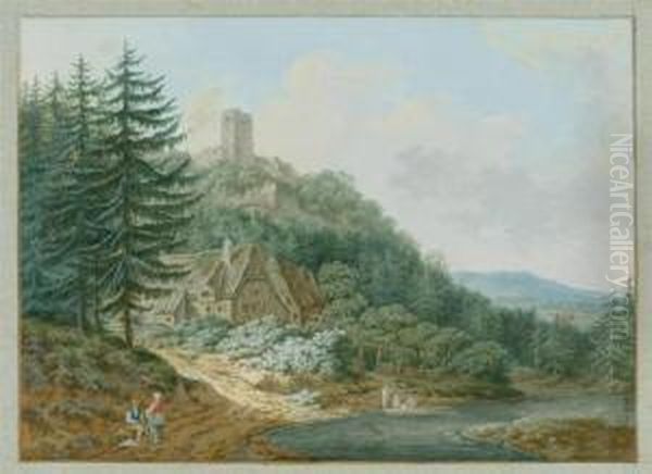 Forested Landscape By A River With Resting Peasants. Farm Andcastle Ruin In Background. Oil Painting by Johann Georg Wagner