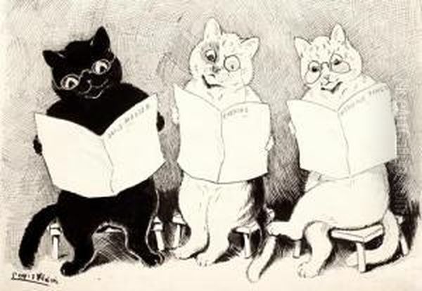 Three Cats Reading The Daily Papers Oil Painting by Louis Wain