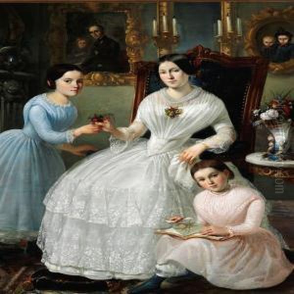 Interior With A Mother And Her Two Girls Oil Painting by Ferdinand Georg Waldmuller