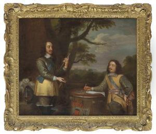 Double Portrait Of King Charles I And His Secretary Atwar, Sir Edward Walker , Three-quarter-length, In A Woodedlandscape, Windsor Castle Beyond Oil Painting by Edward Walker