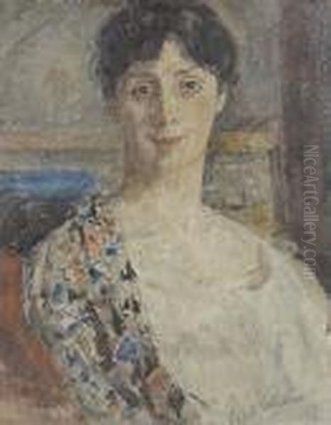 Portrait Of A Lady With A Floral Shawl Oil Painting by Ethel, Dame Walker