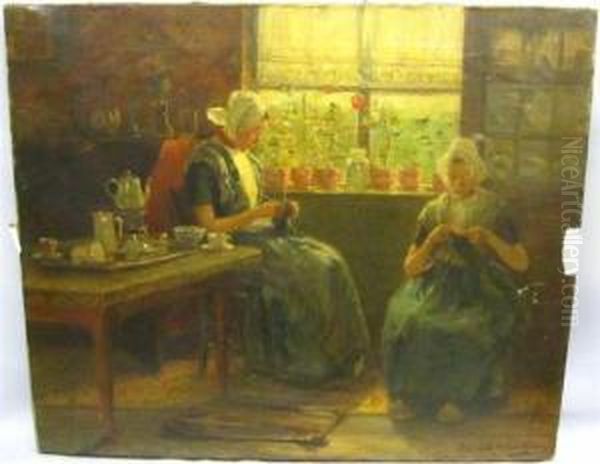 Dutch Genre Scene Withladies Knitting. Oil Painting by David B. Walkley