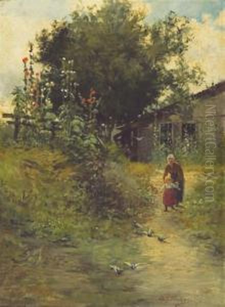 Playtime Amidst The Hollyhocks Oil Painting by David B. Walkley