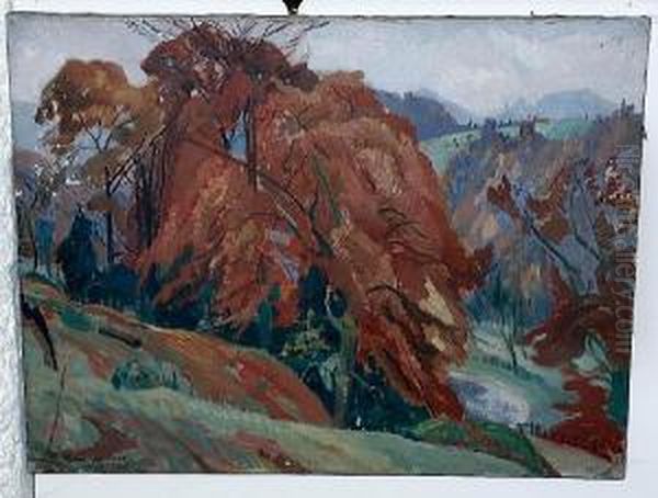 Autumn Colour Beech Trees In An Openlandscape Oil Painting by Robin Wallace