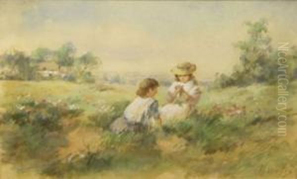 Two Children Picking Wild Flowers In AMeadow Oil Painting by Henry Wallis