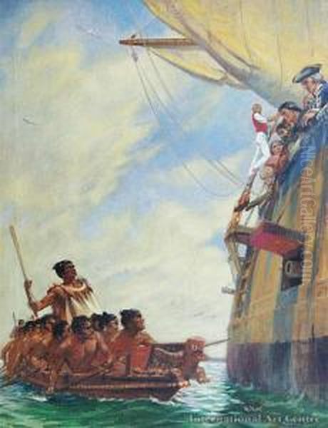 Captain Cook Off The East Coast Oil Painting by Richard Wallwork