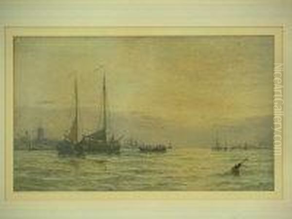 Evening On A Dutch Estuary With Moored Sailing Barges Oil Painting by George Stanfield Walters
