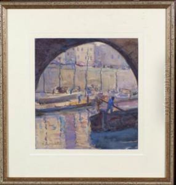 Barges On The Seine Oil Painting by Allan Walton