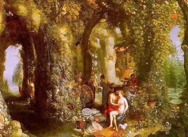 A Fantastic Cave Landscape with Odysseus & Calypso (painted with Hendrick de Clerck) Oil Painting by Jan The Elder Brueghel