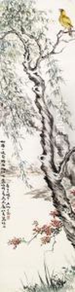 Bird In Willow Oil Painting by Wang Weihan