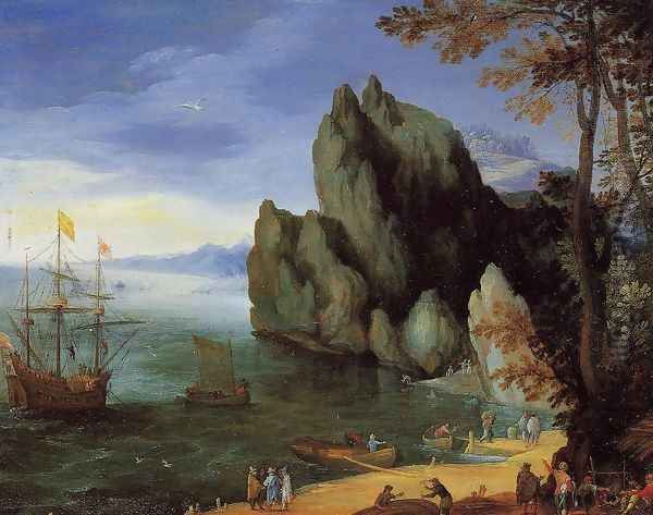 Bay with Ship of War Oil Painting by Jan The Elder Brueghel