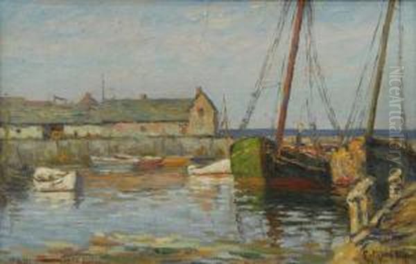 Boats At Dock, Rockport, Mass Oil Painting by Arthur E. Ward
