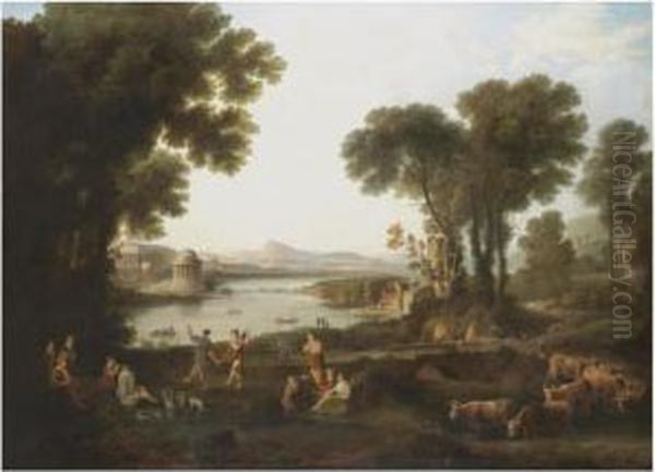 A Classical Landscape With Figures Dancing Oil Painting by Gill William Ward
