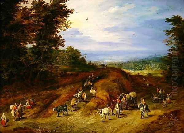 Landscape with peasants carts and animals Oil Painting by Jan The Elder Brueghel