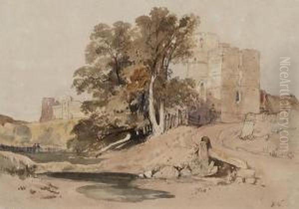 View Of A Large Tree Alongside A Ruined Castle Oil Painting by Henry Warren