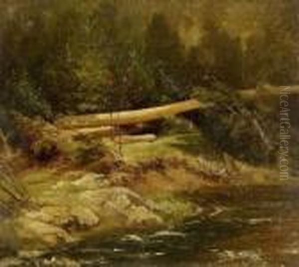 Gesturzter Baum Am Ufer Des Wildbaches. Oil Painting by Friedrich Rudolf Wasmann