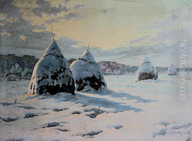 Pejzaz Zimowy Ze Stogami Oil Painting by Rafal Wasowicz
